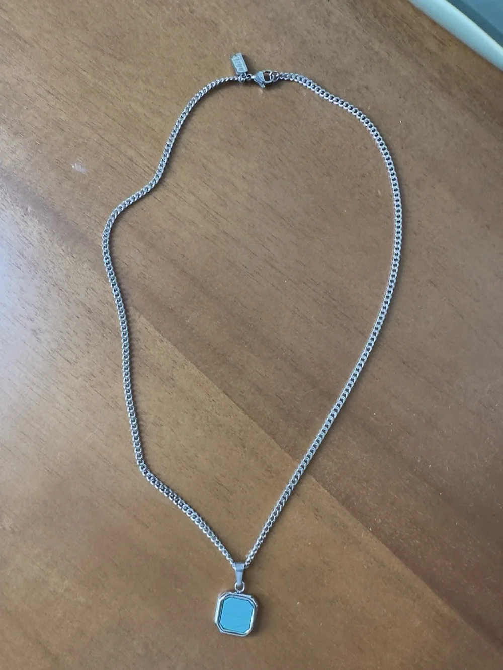 Stainless steel Silver Chain Necklace with Blue Pendant - Men’s Jewelry